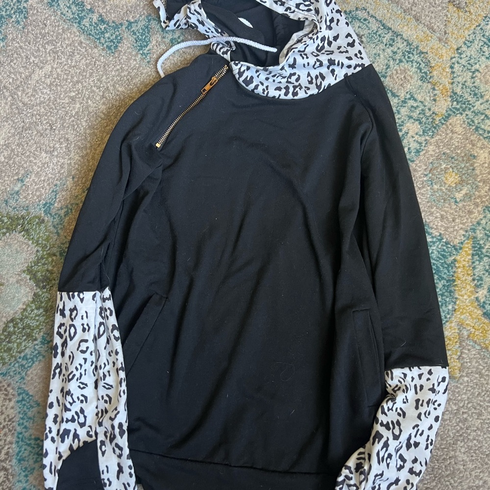Black Double Hooded sweatshirt with White Leopard Accent L